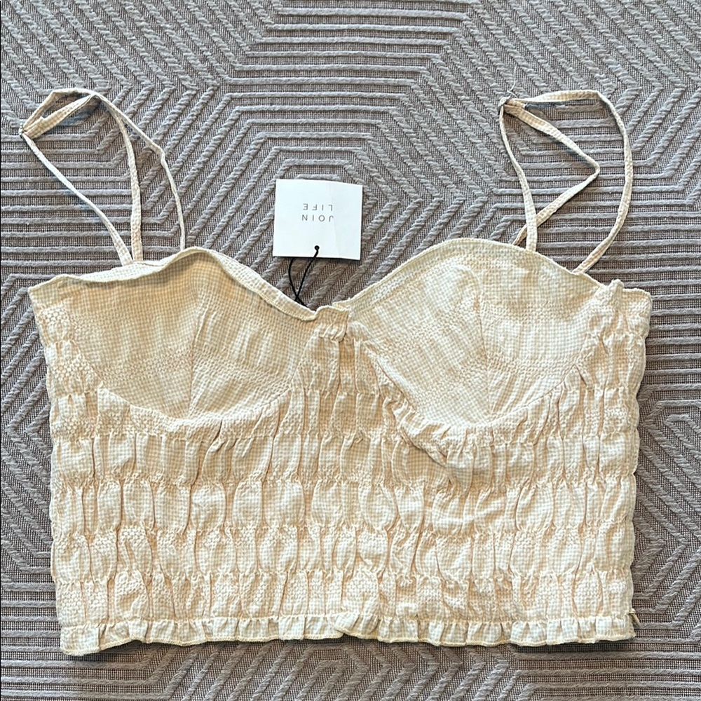 Zara pale yellow and tan gingham crop top